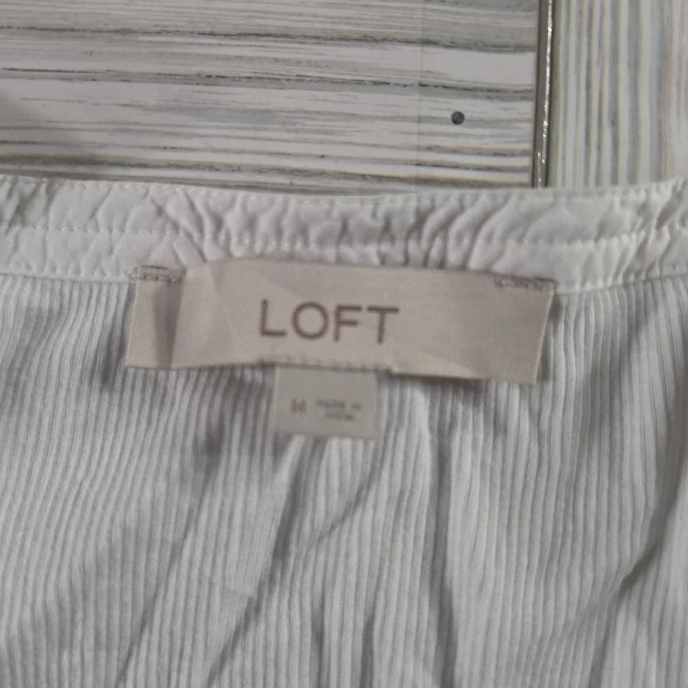 LOFT Womens White Ribbed Puff Sleeve Mixed Media Scoop Neck Top Size M